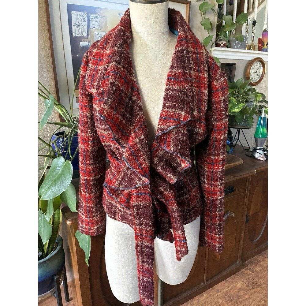 Anthropologie Tabitha Women Red Blazer Tweed Ruffle Collar Plaid Wool 12
